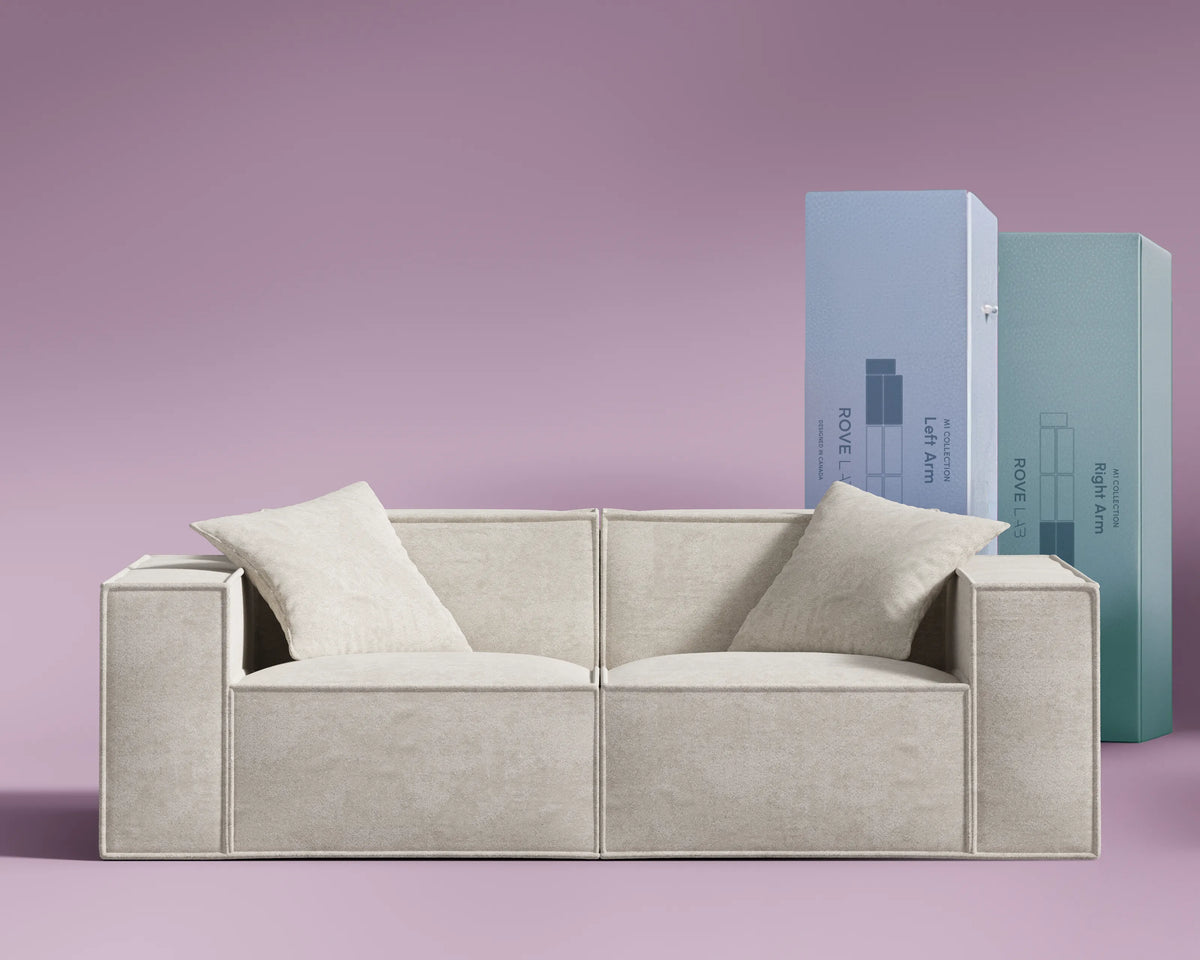 M1 Sofa Loveseat in Helium Cloud, front view.