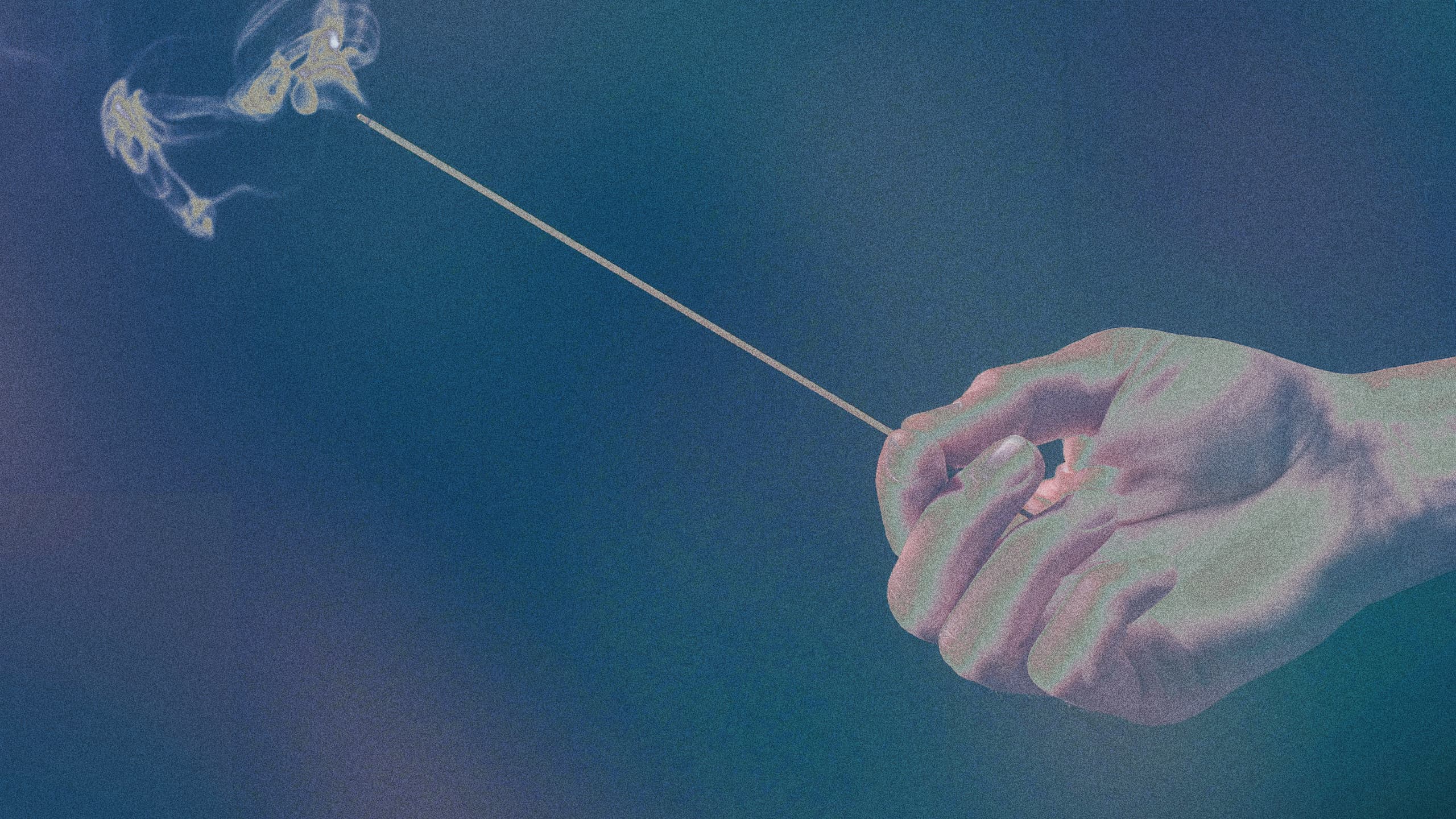 #A close-up of a hand holding a lit incense stick, with delicate smoke rising against a soft gradient background, creating a calm and serene atmosphere