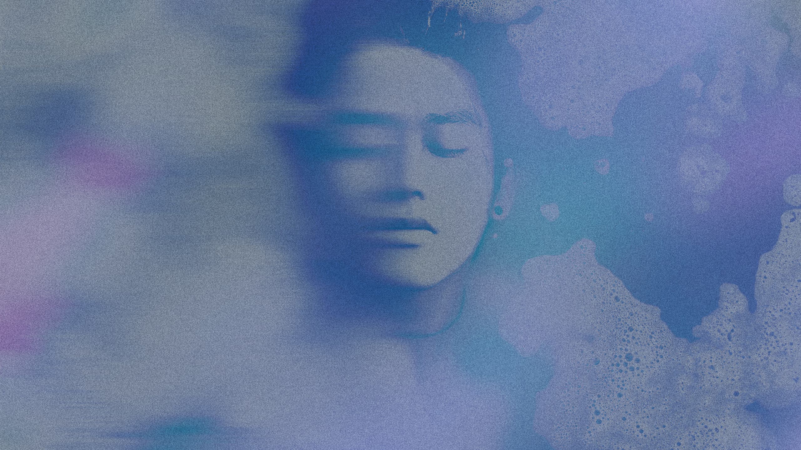 #Abstract banner featuring a serene face with eyes closed, surrounded by soft blue and purple hues, evoking a calming and meditative atmosphere